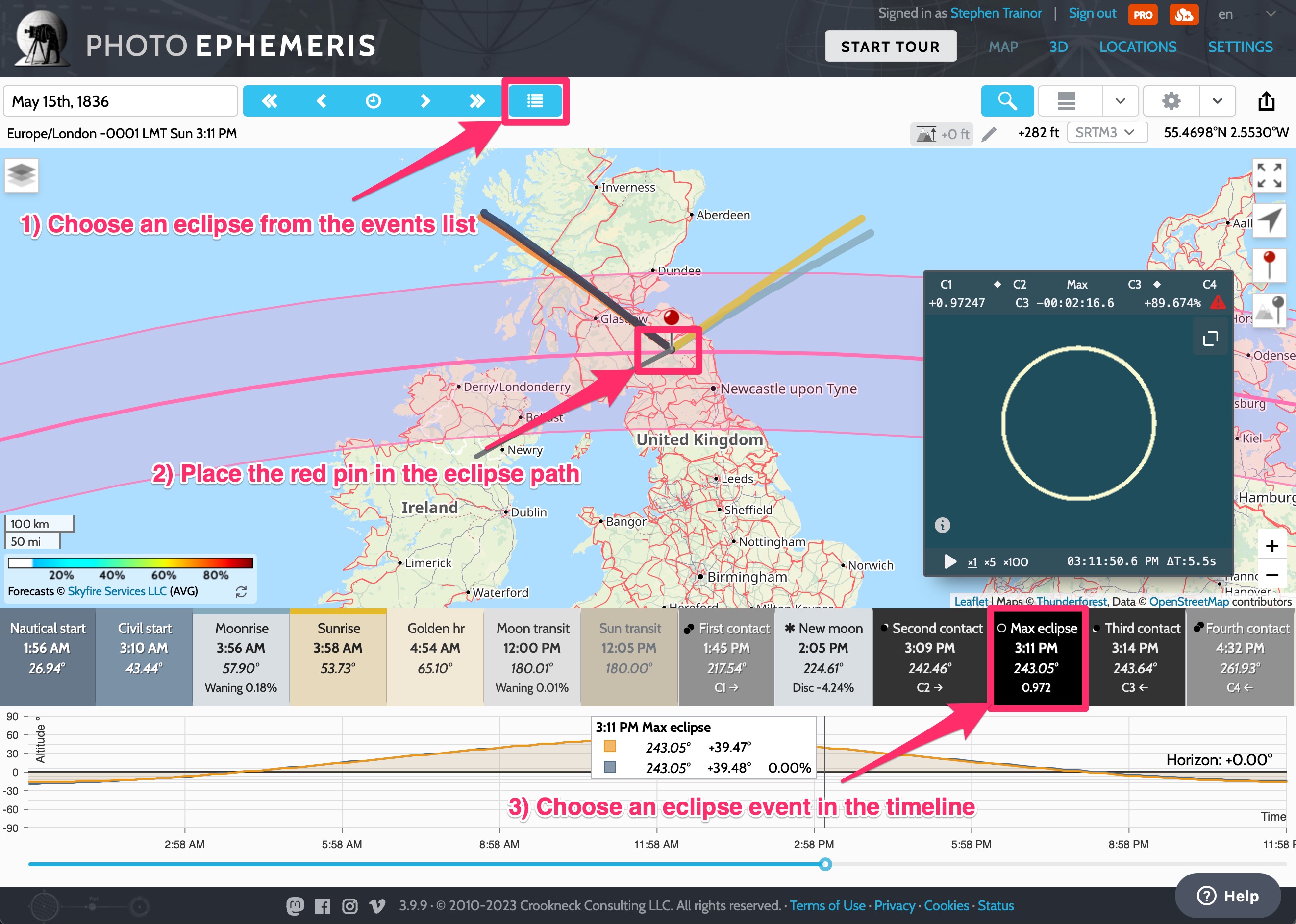 Photo Ephemeris Web screenshot showing mini eclipse simulator